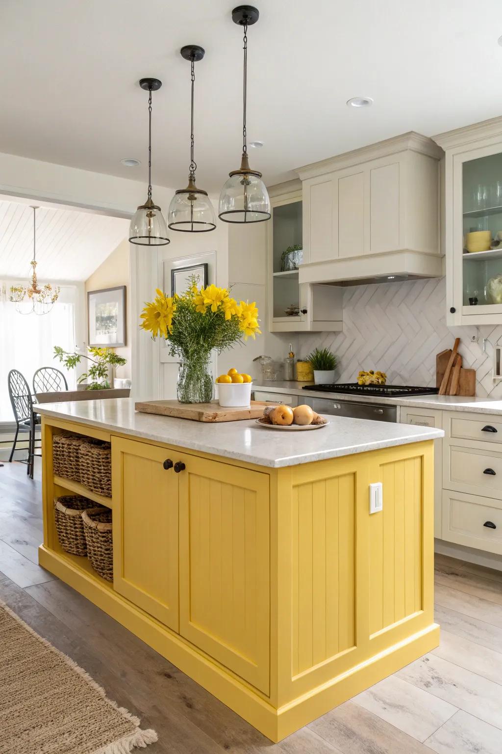 A radiant amber kitchen island fills the kitchen space with vitality and joy.