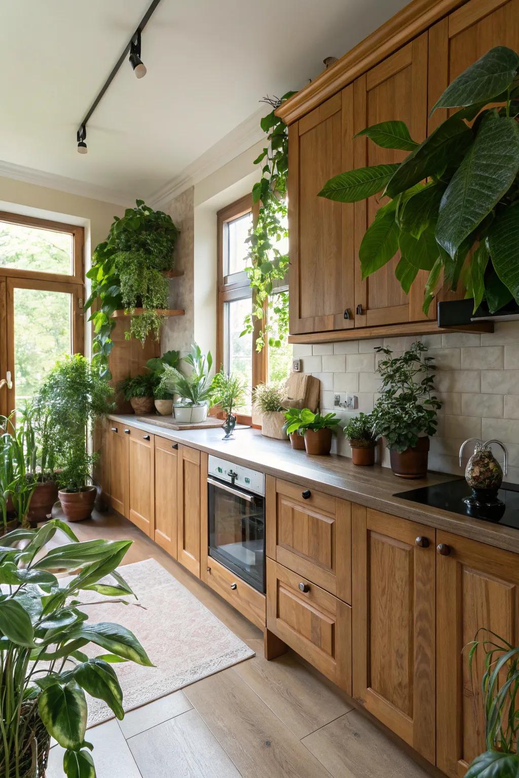 A kitchen showcasing natural elements like wood and plants.