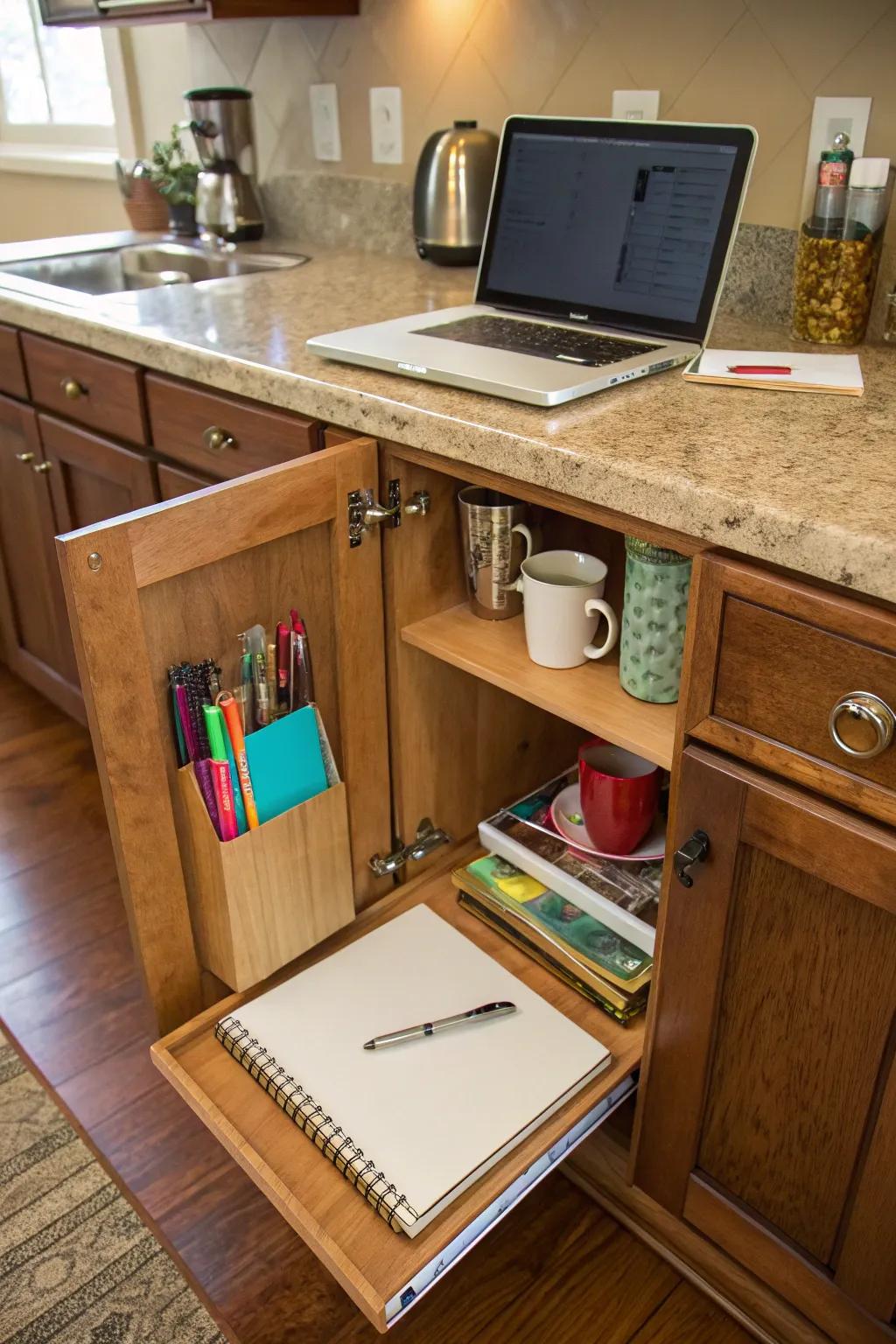 A hidden desk is neatly set up inside kitchen cabinets.
