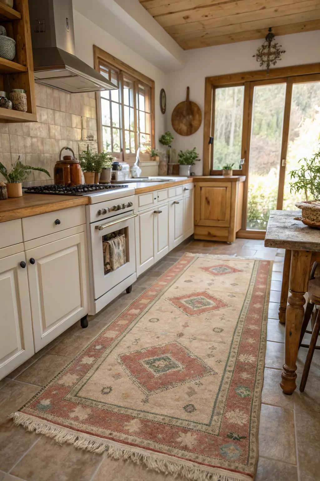 Vintage rugs saturate kitchens with enduring allure and coziness.