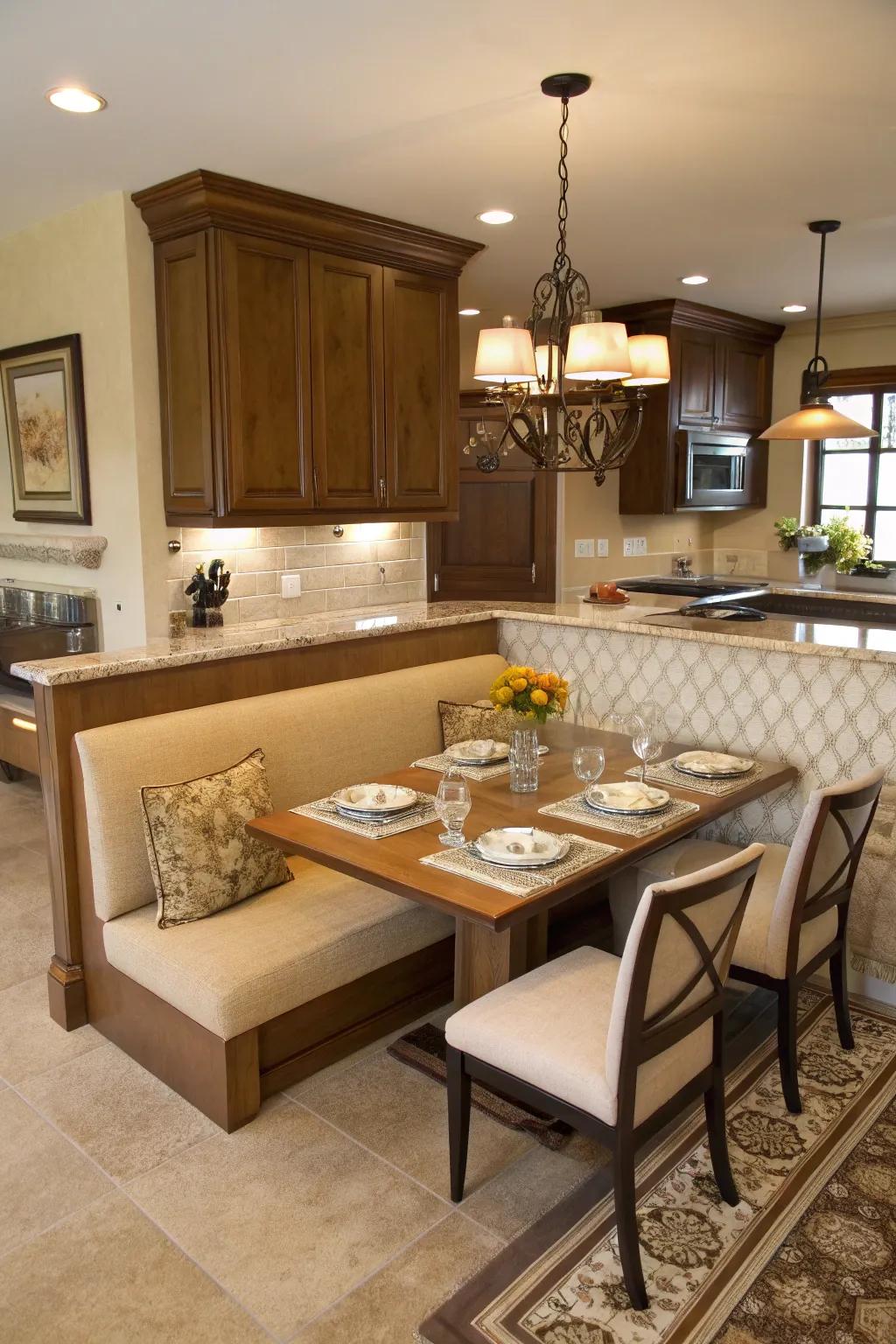 Banquette seating presents a space-saving dining solution.
