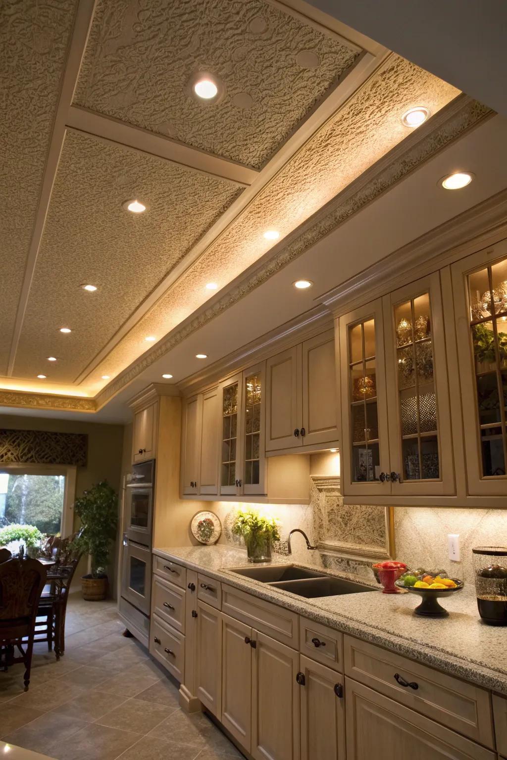 Integrated lighting in the soffit creating a cozy and inviting ambiance.