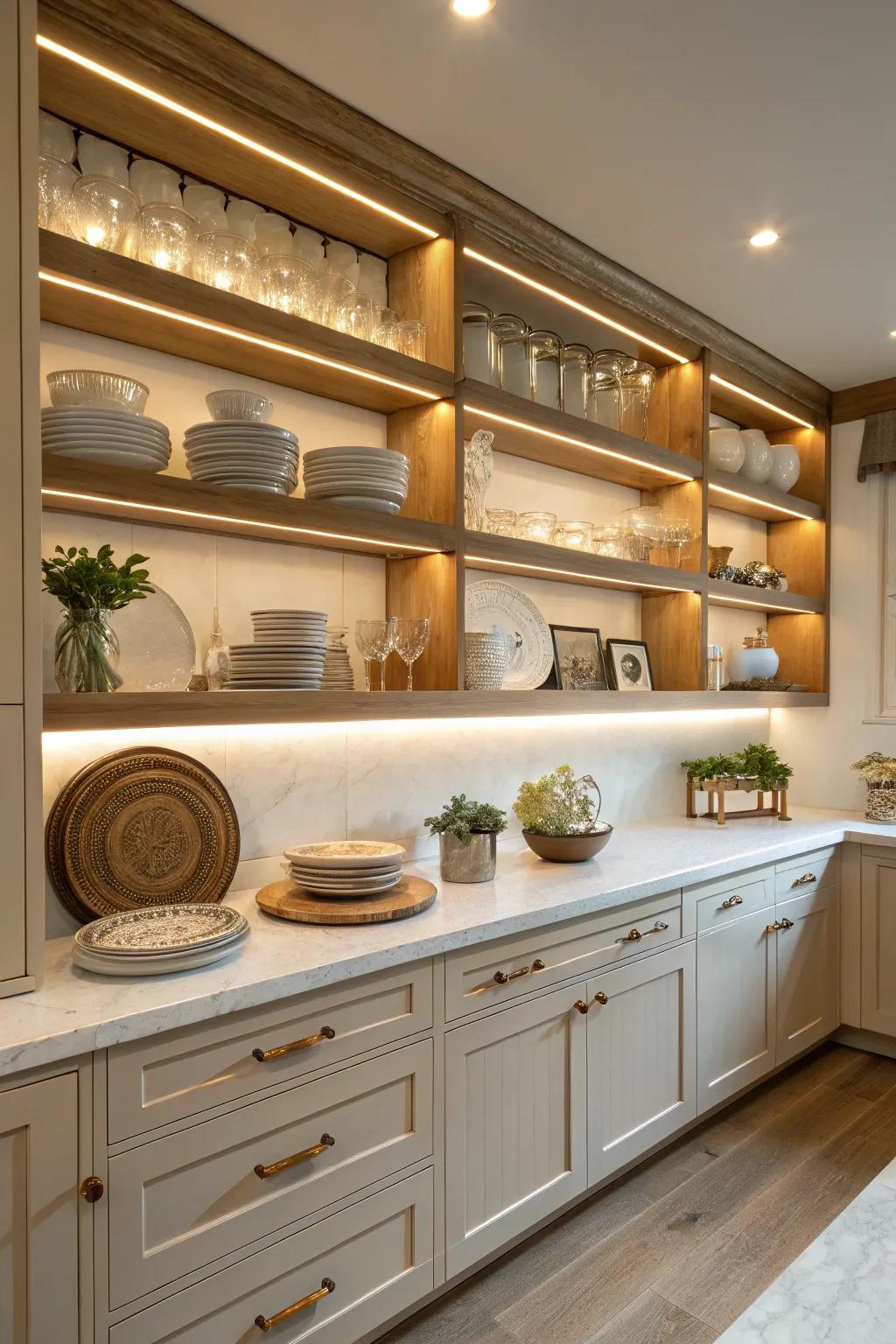 Show off your kitchen treasures with shelves that light up.