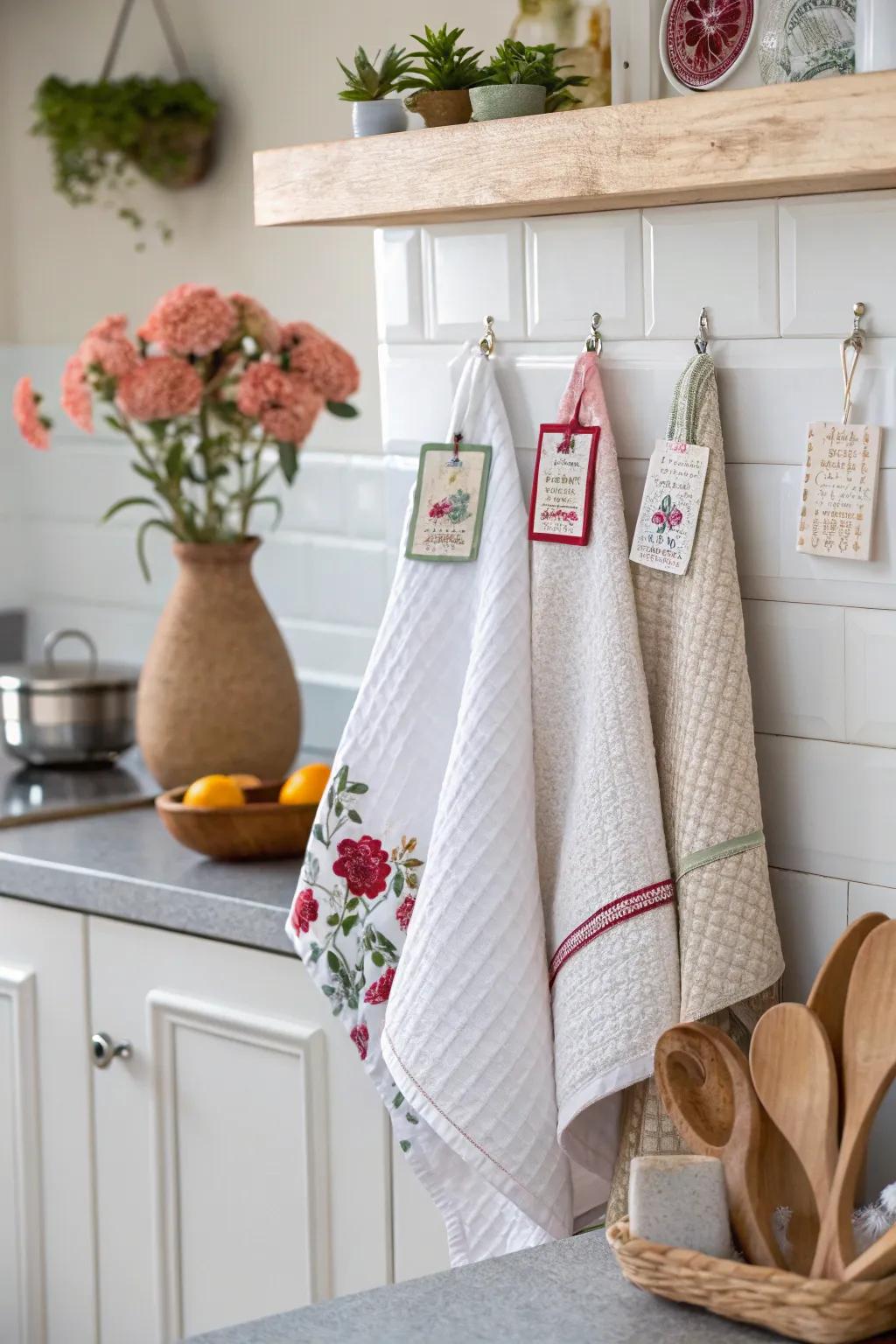 Blend linens with decor for a sophisticated kitchen showcase.