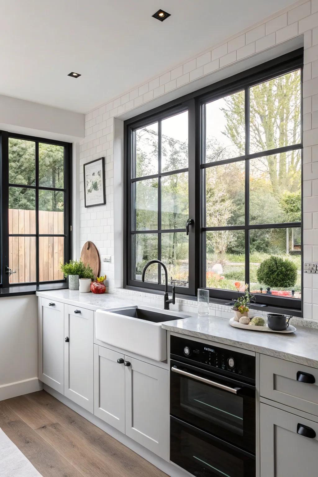 A chic kitchen features striking dark outline windows.