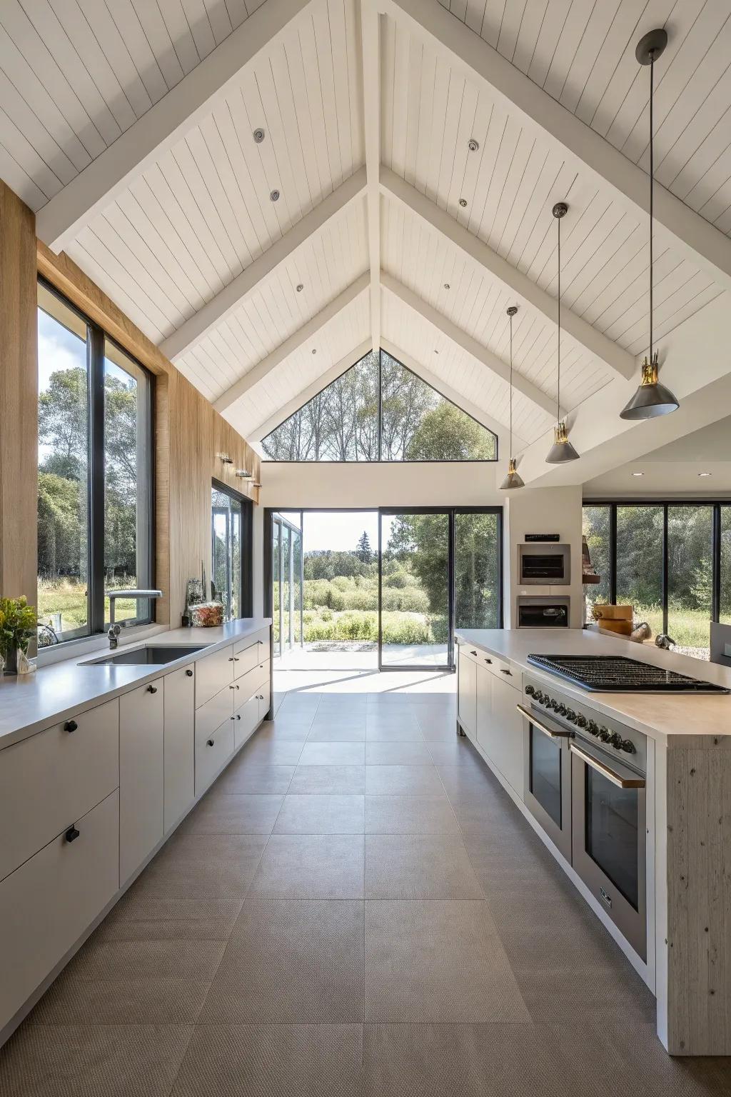 A spacious arrangement enhances the airy feeling of this kitchen with a vaulted ceiling.