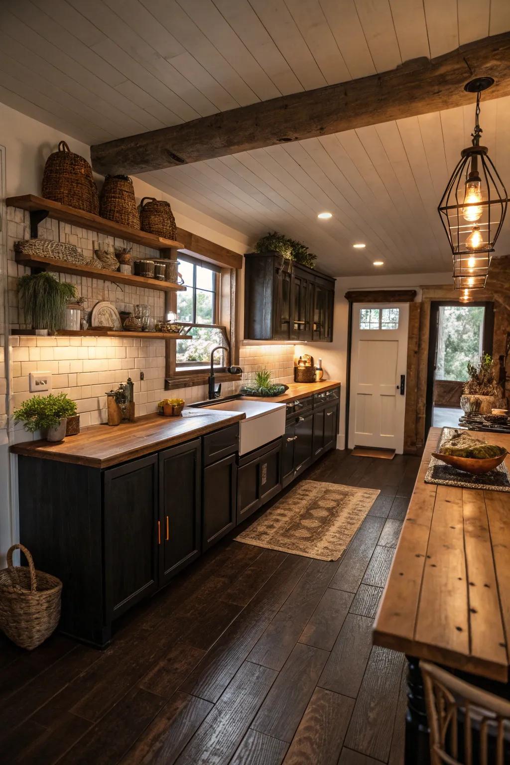 Wood countertops bring warmth to this kitchen featuring dark floors.