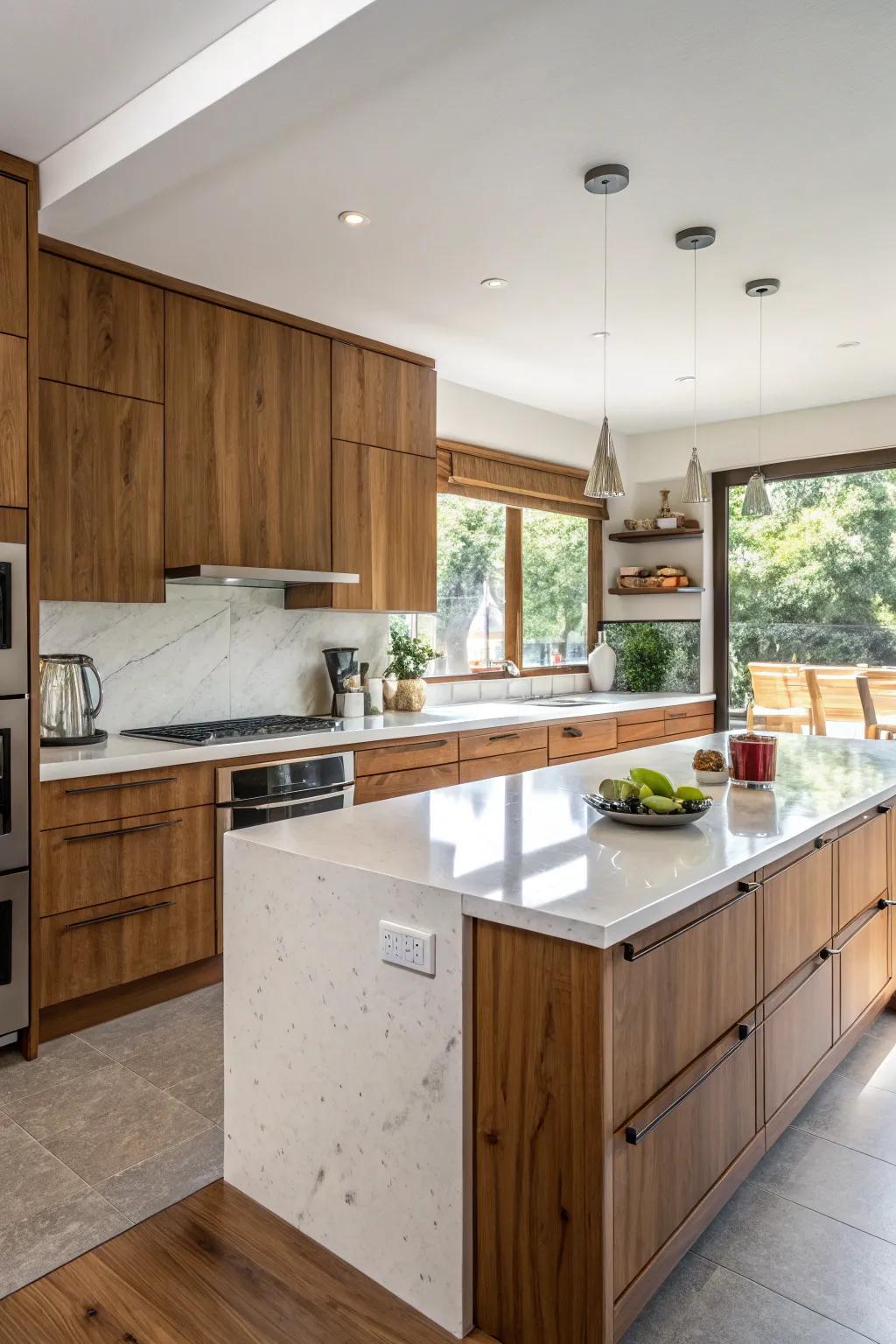 Quartz worktops complemented by cozy wooden details.