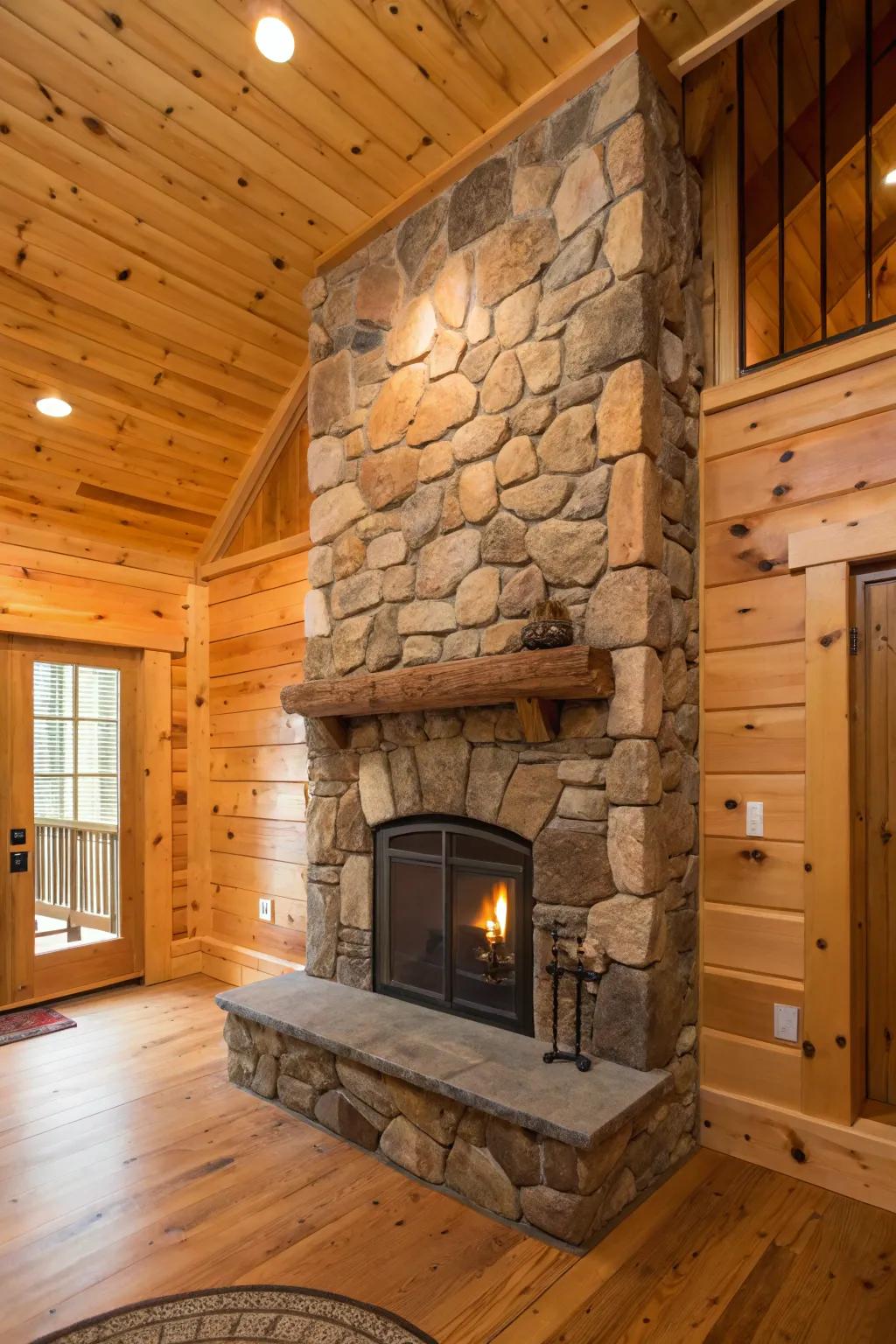 Stone hearth matched with pine paneling for rustic charm.