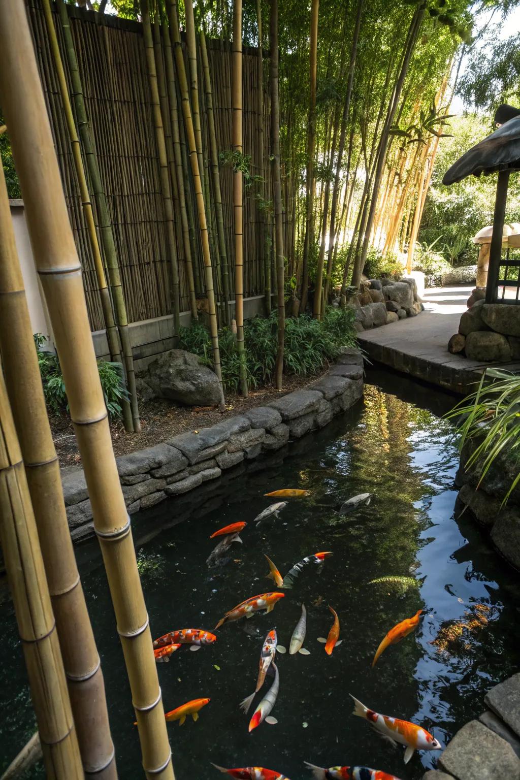 A koi pond enhanced with cane blinds, providing a rustic aesthetic.