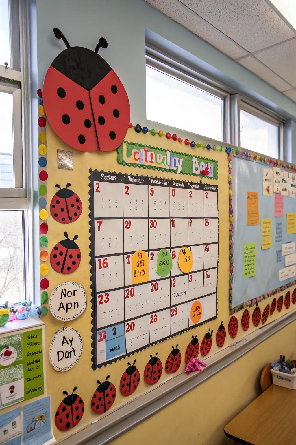 A charming ladybug-themed calendar display to keep track of important dates.