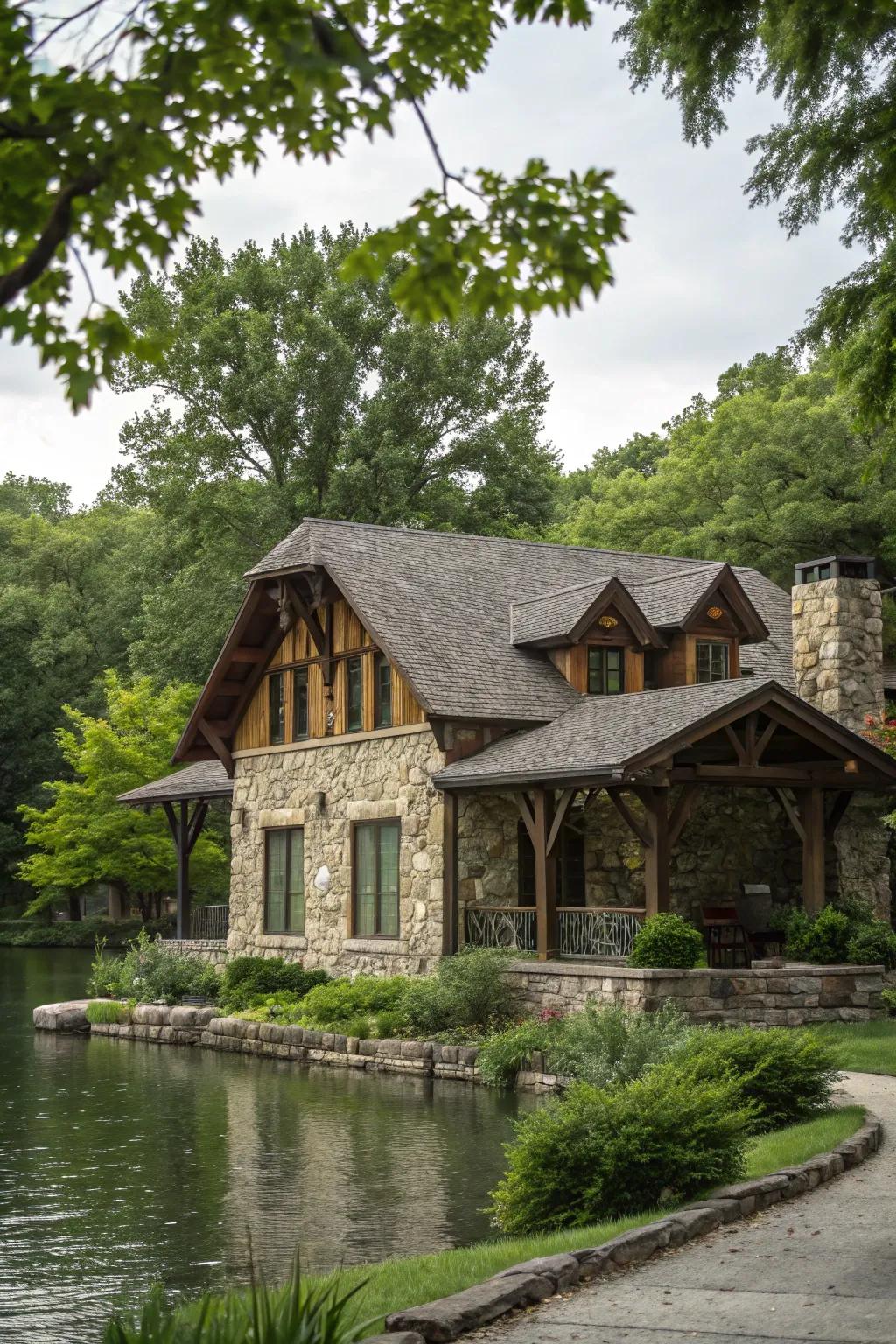 A rustic exterior featuring timber and stone components.