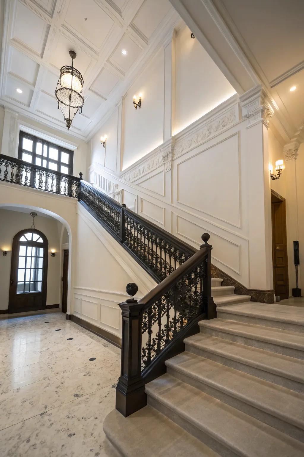 Contrasting a dark banister against light walls for a bold appearance.