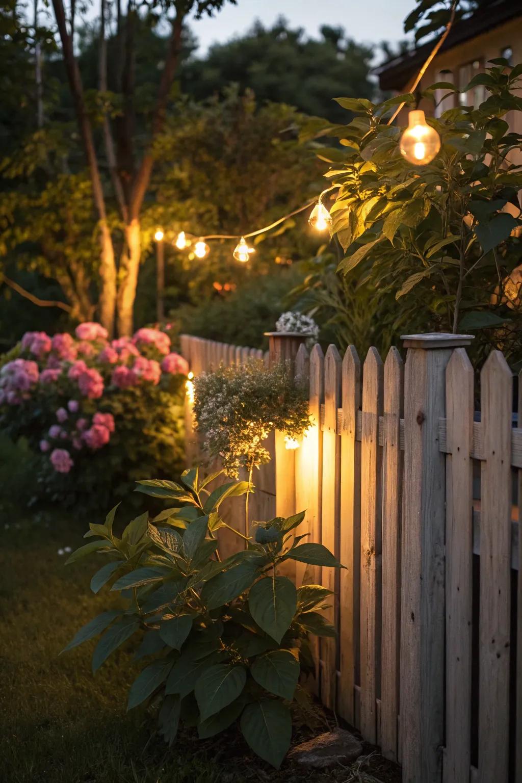 Wall-mounted lights adding depth and warmth to outdoor areas.