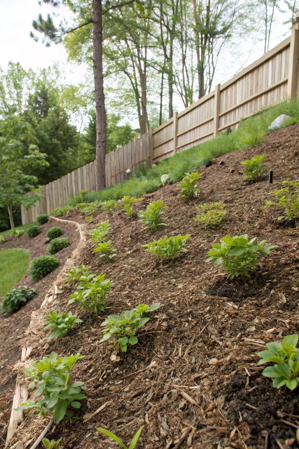 Mulch introduces texture and prevents soil loss on inclined surfaces.