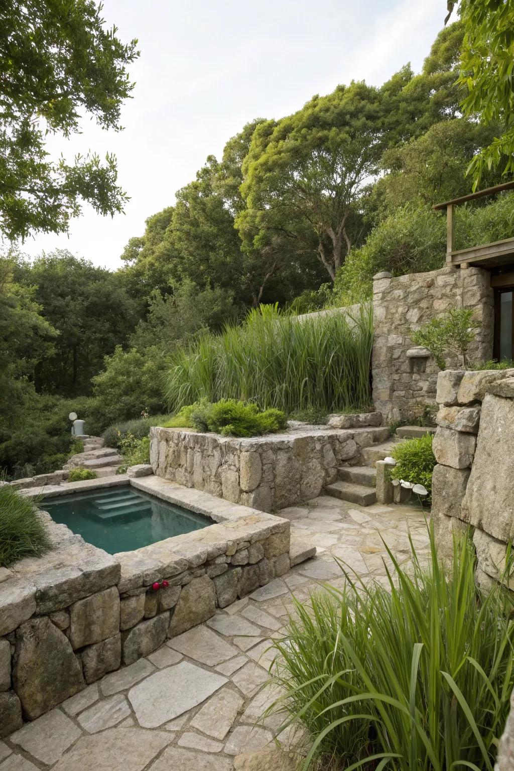 Rock and stone features provide a sturdy, natural solution for concealing pool equipment.