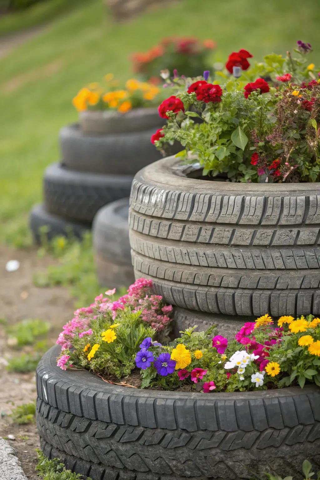 Reused wheel casings create striking, sustainable raised beds.