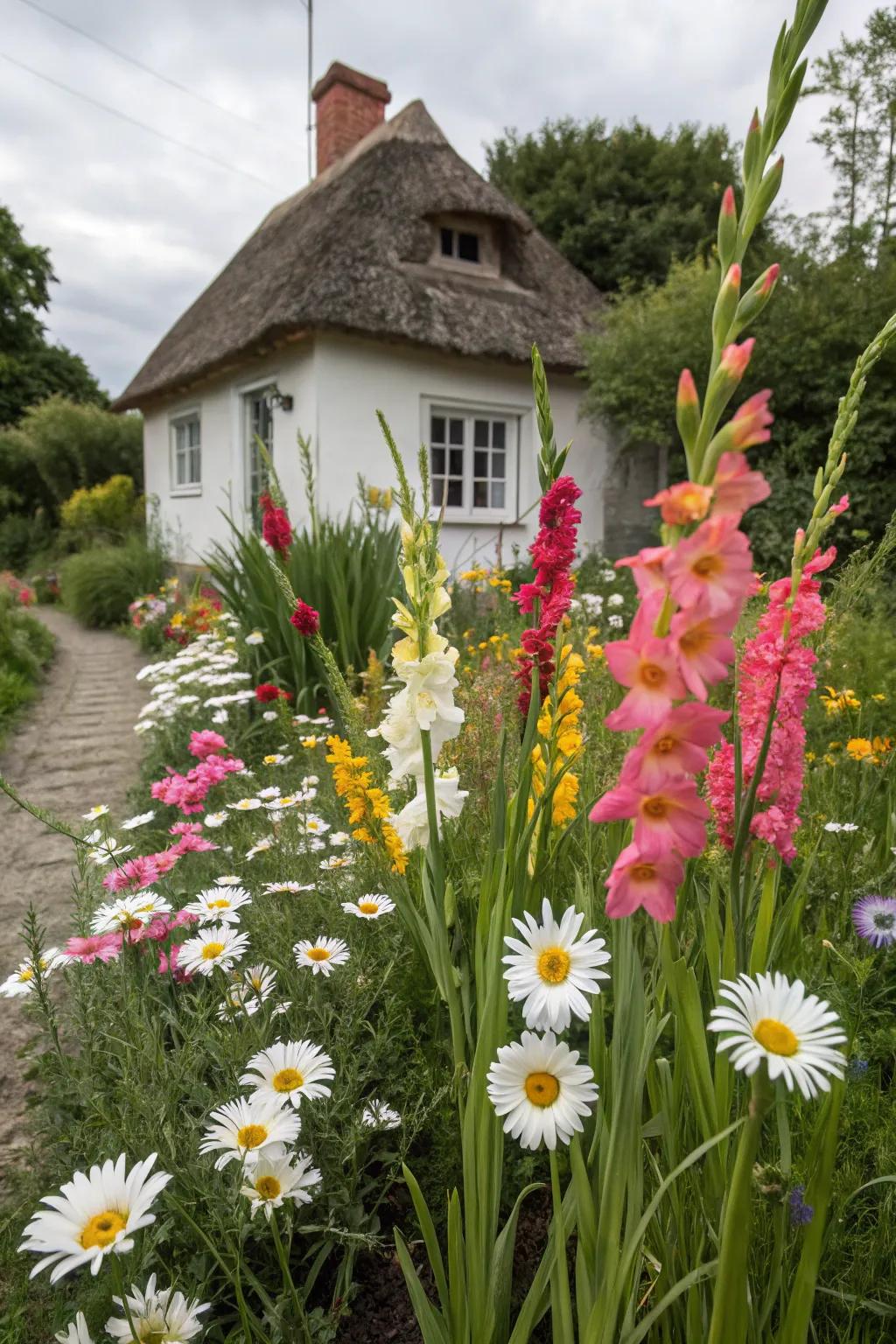 A lovely cottage garden featuring gladiolus for a touch of nostalgia.