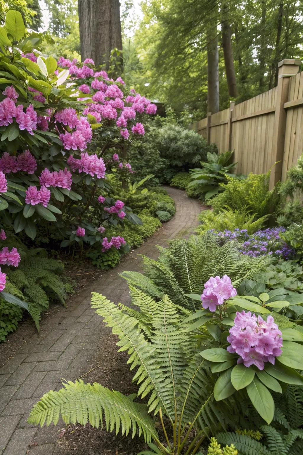 Rhododendrons intermixed with various plants create a textured, abundant garden.