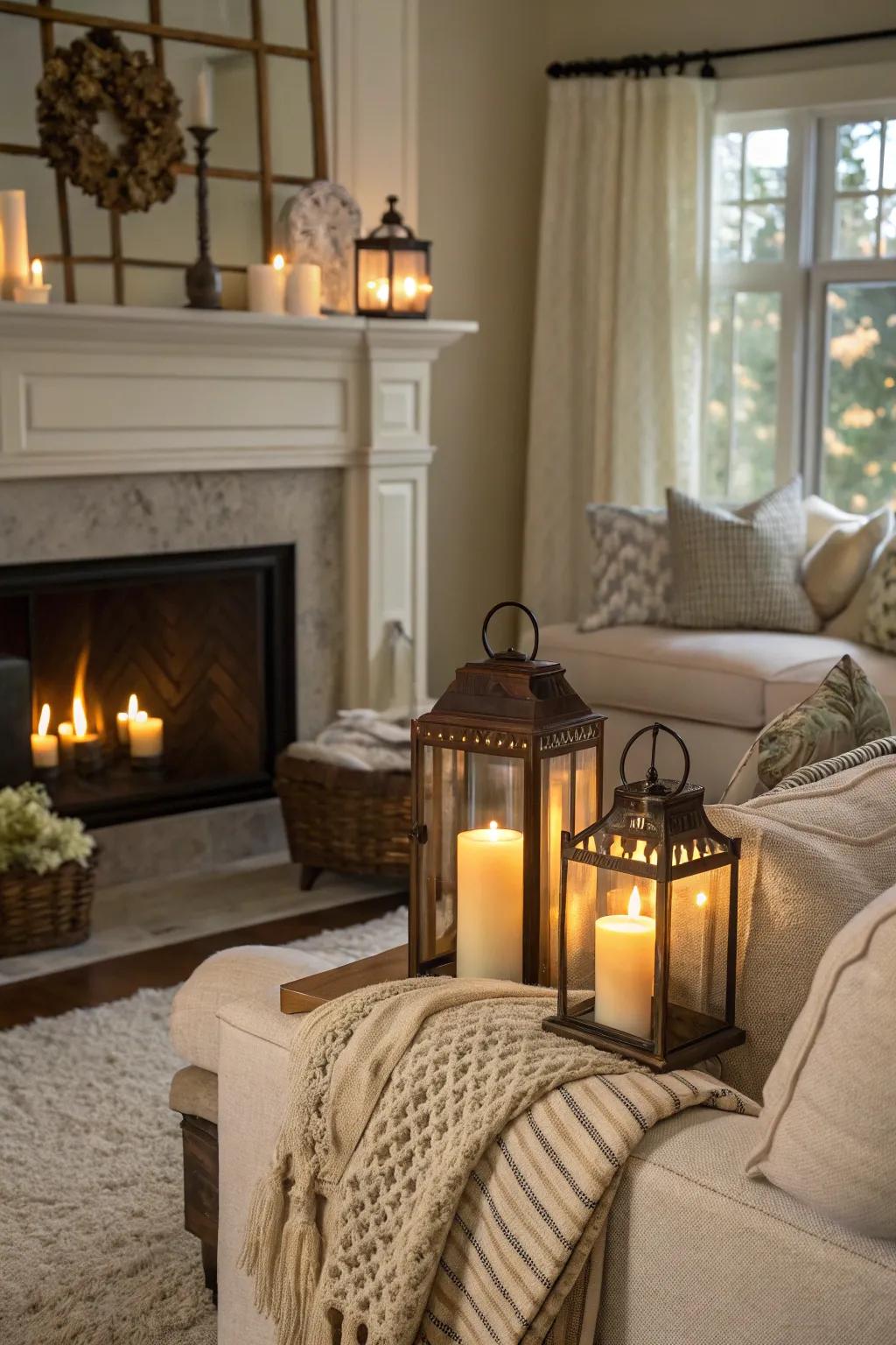 Candle lanterns add vintage allure to a welcoming living space.