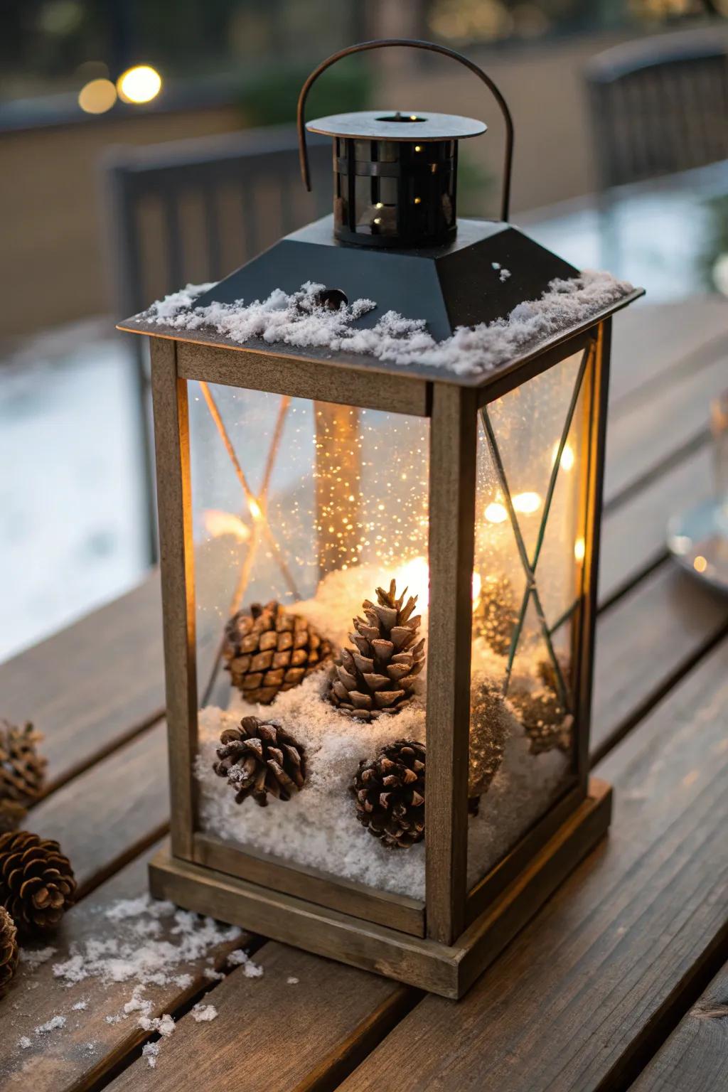 A winter-inspired lantern setting a cozy scene.