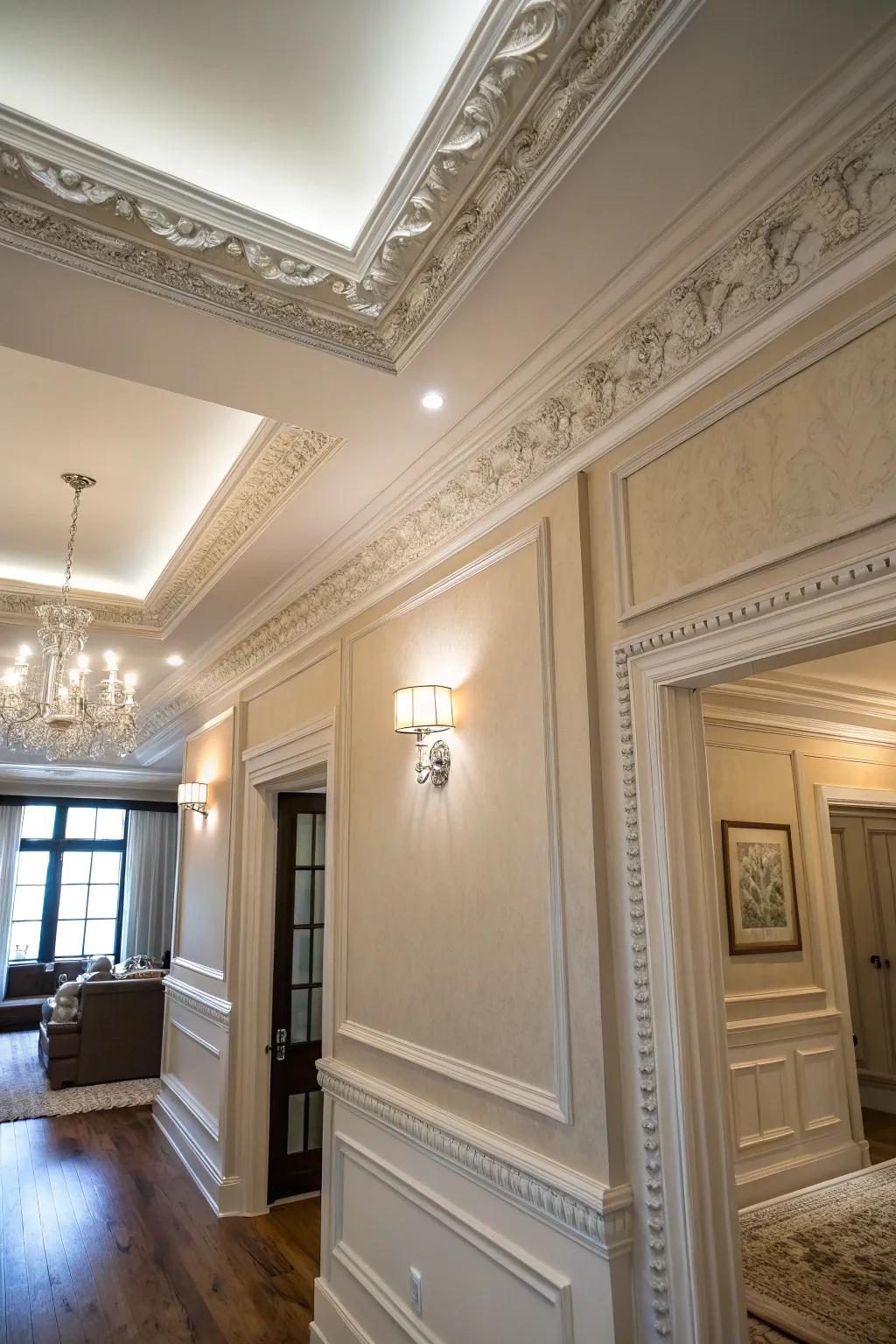 A room displaying how expansive crown molding offers a fluid transition between the wall and roof.