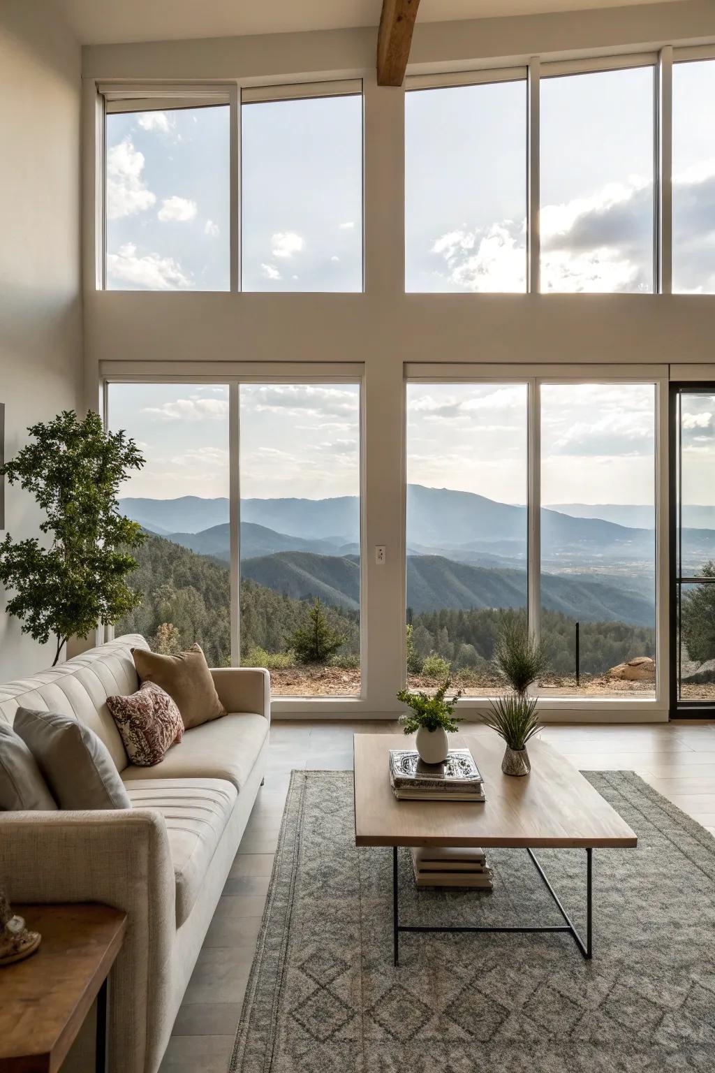Picture windows presenting an awe-inspiring, clear view of the mountains.