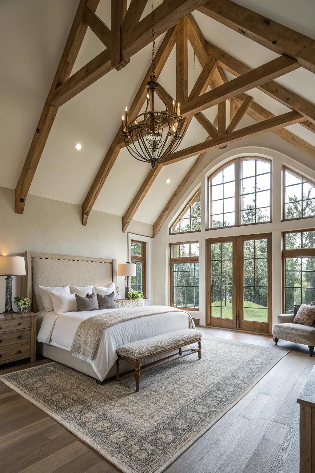 Architectural details such as high ceilings add character to the bedroom.