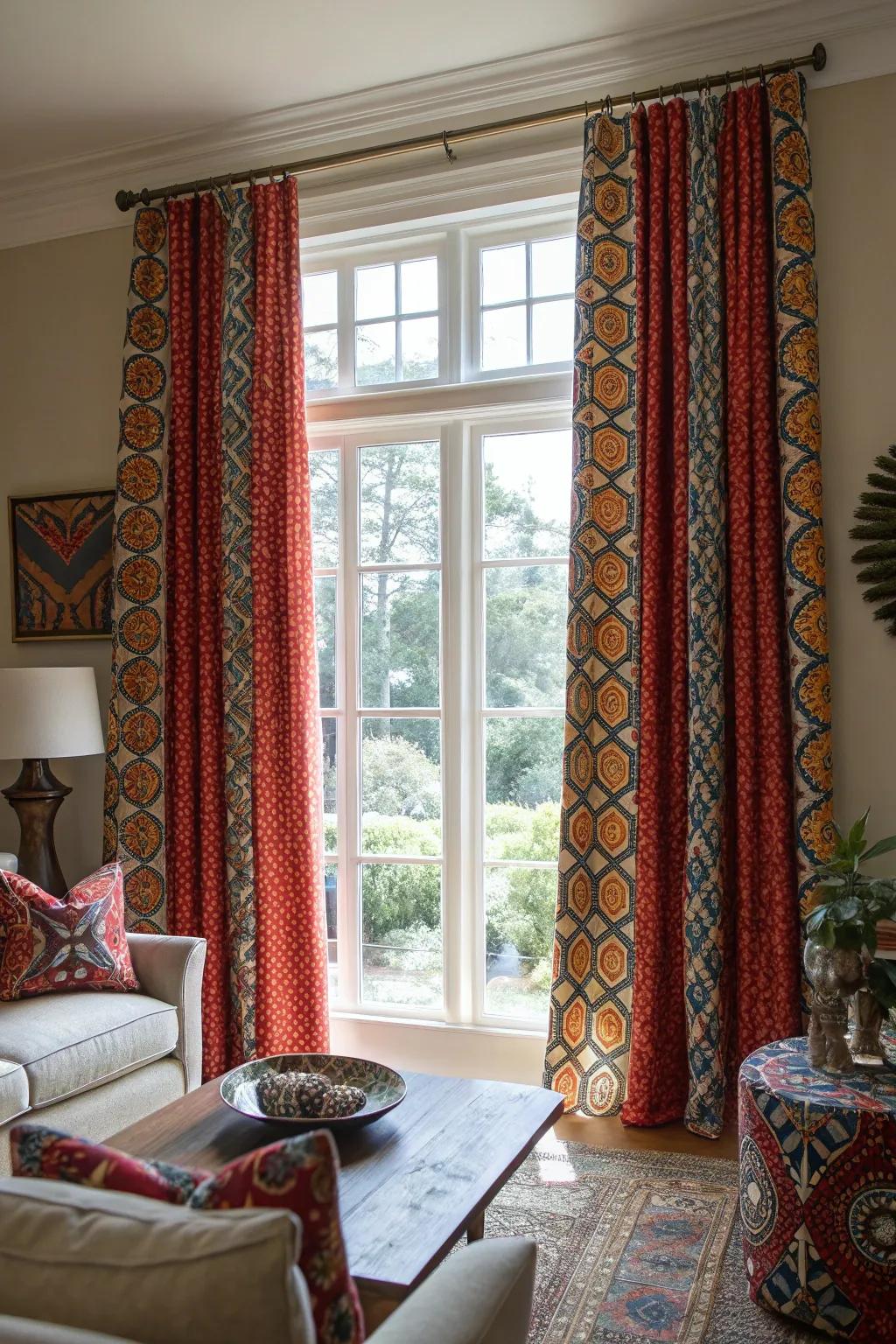 Create a statement using bold, patterned curtains.