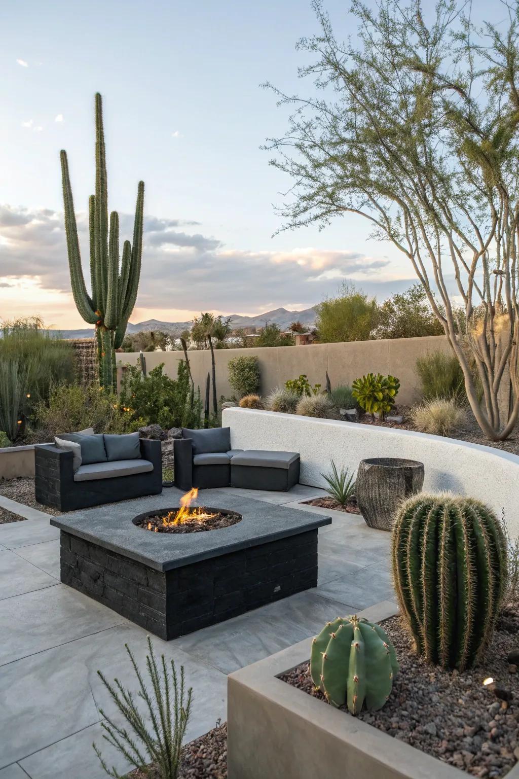 Contemporary fire pit with seating in a Las Vegas backyard.