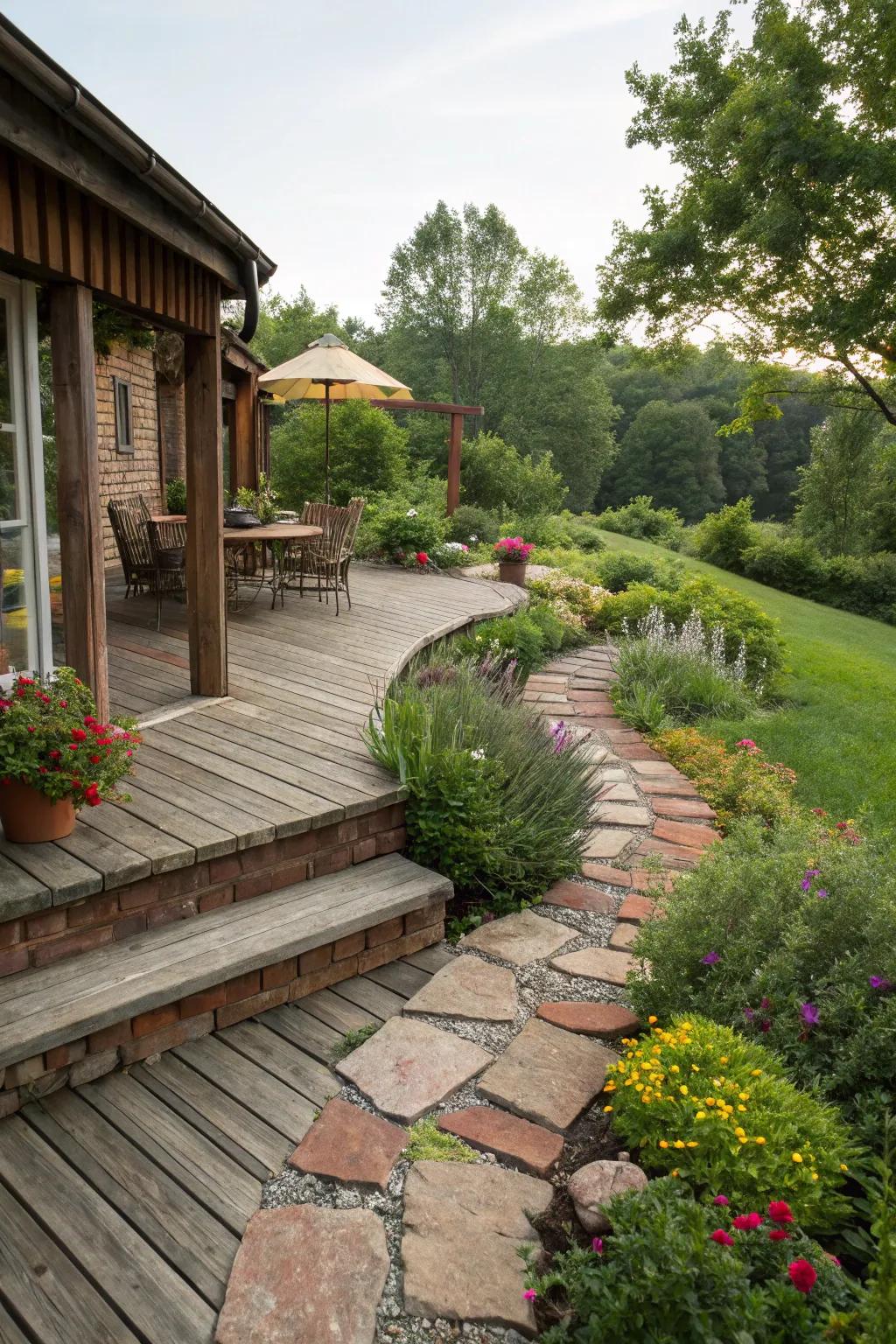 Brick skirting gives a hint of rustic charm to this garden deck.