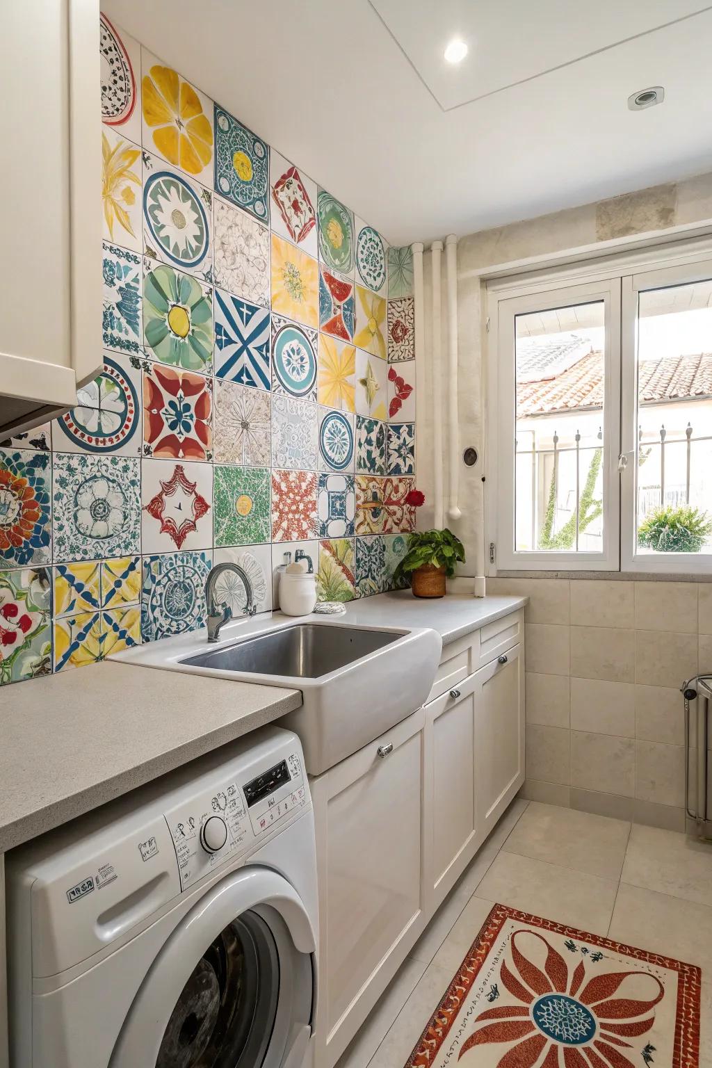 Decorative tiles bring character and color to your laundry room.