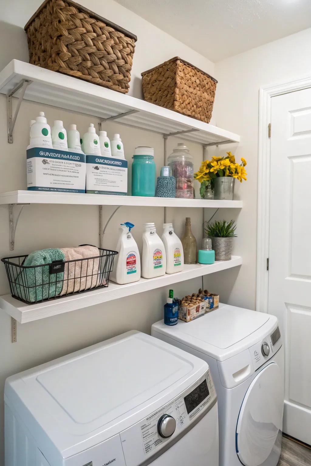 Floating shelves blend storage and style effectively.