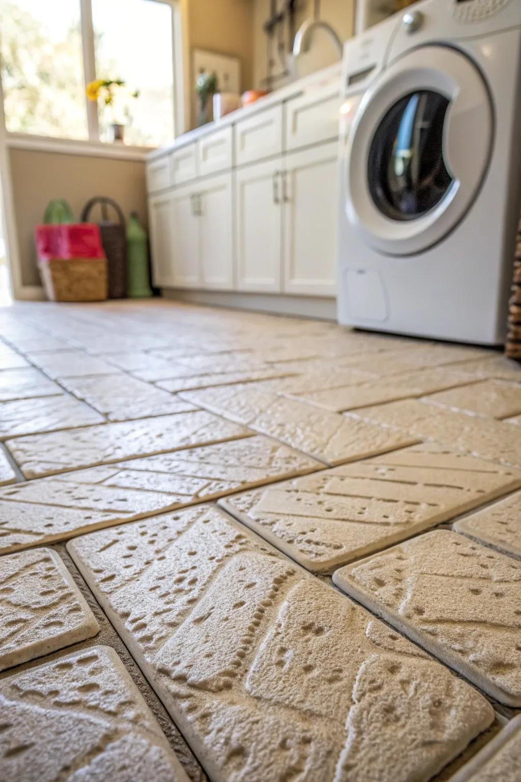Textured flooring enriches the laundry room with depth and character.