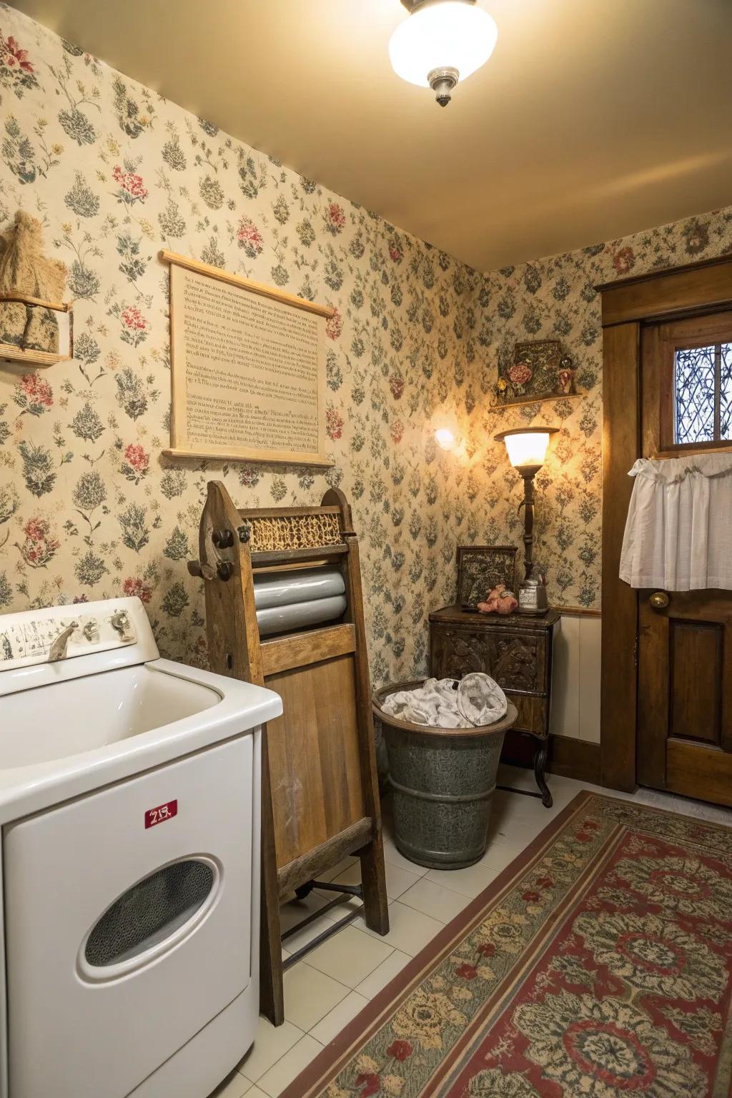 Wallpaper with a vintage look adds enduring appeal to your laundry space.