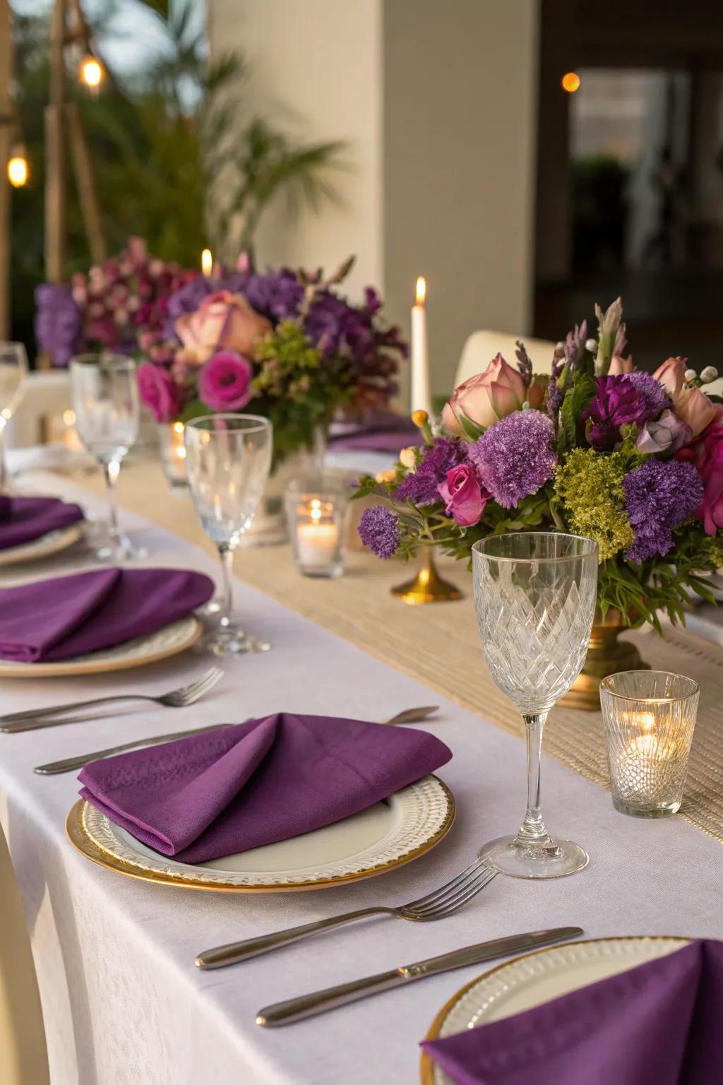 A violet-themed dining table arranged for an unforgettable setting.