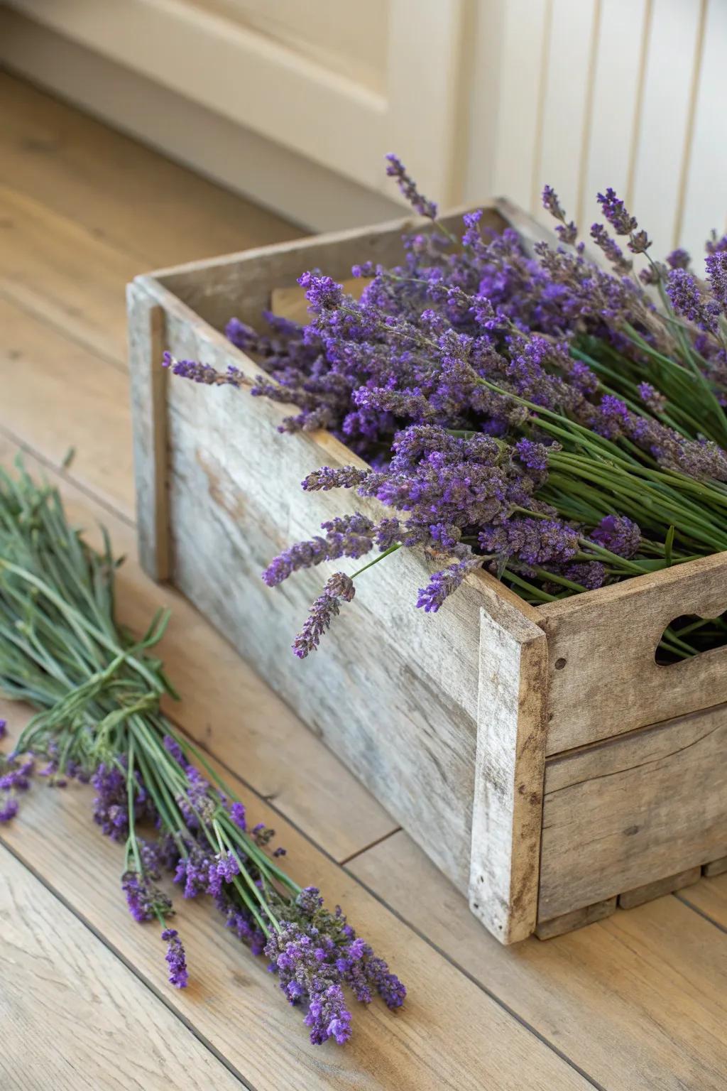 Country-style appeal with a wood crate filled with lavender.