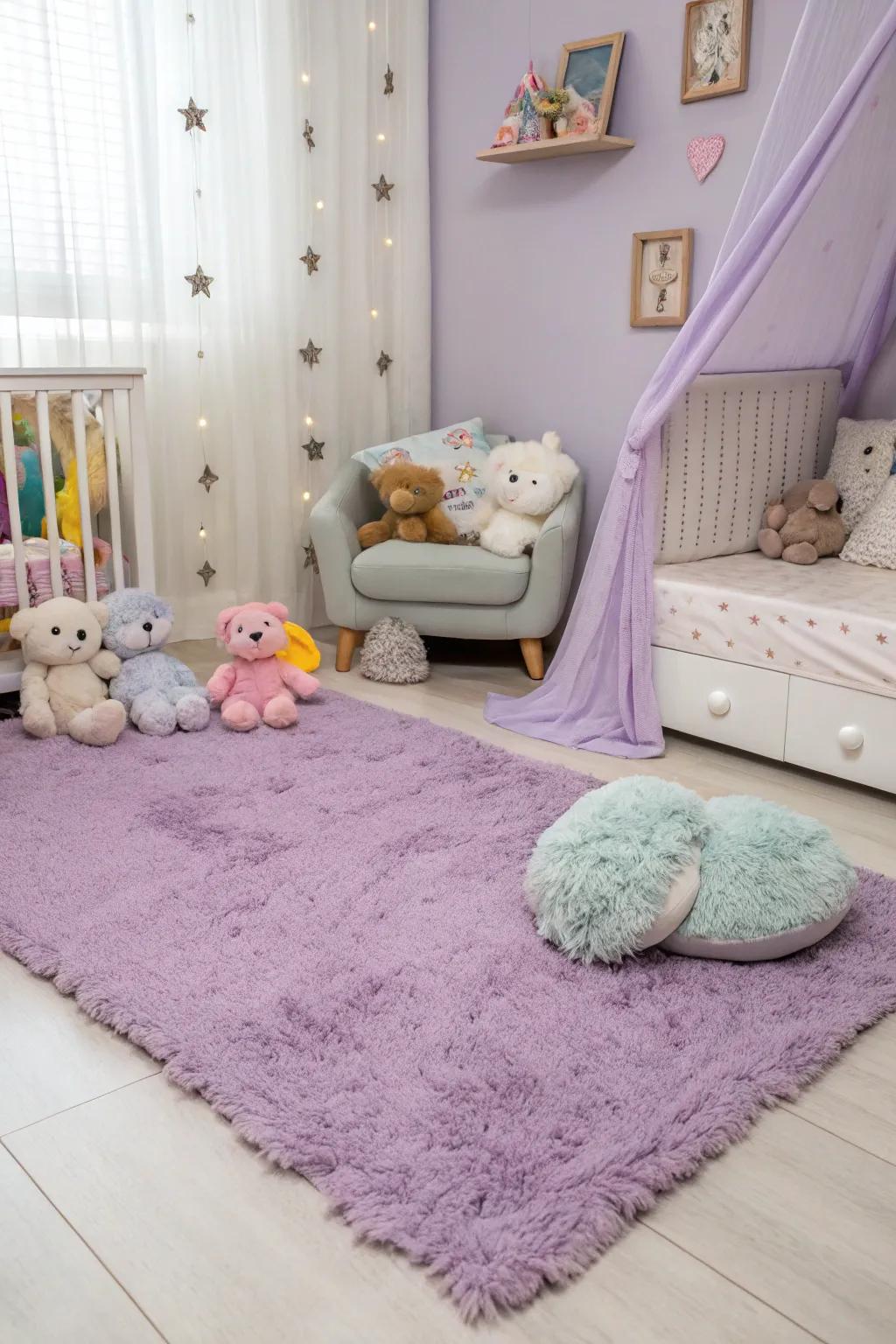 A lavender floor covering adds comfort and coziness.