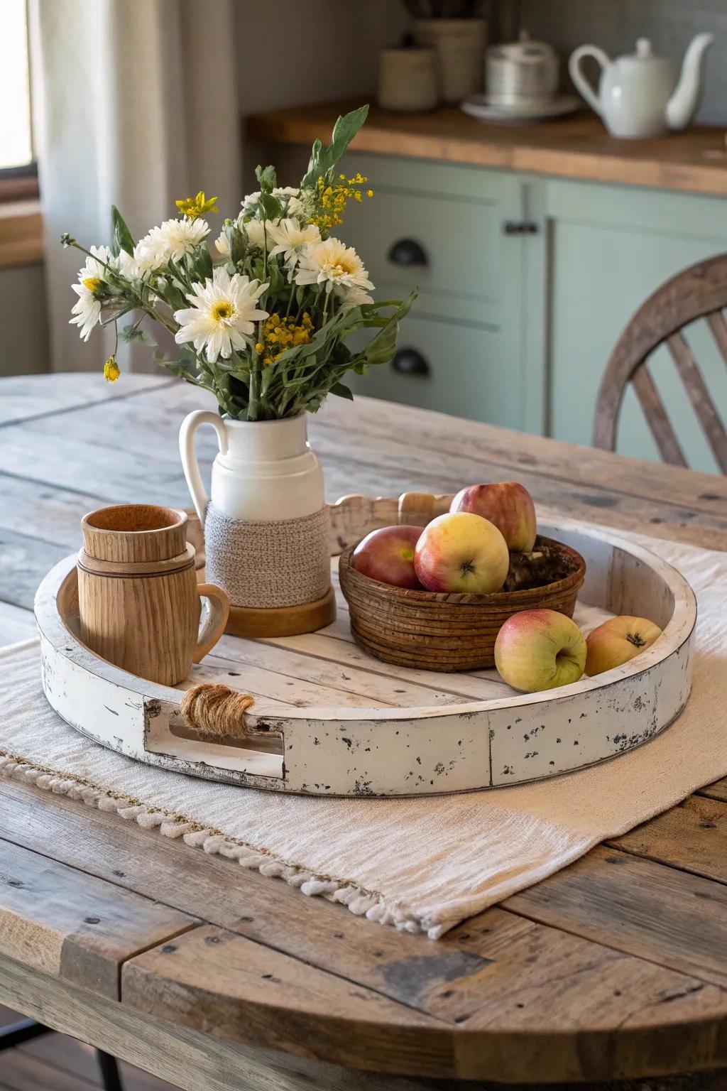 A countryside timber rotating tray ideal for a farmhouse appearance.