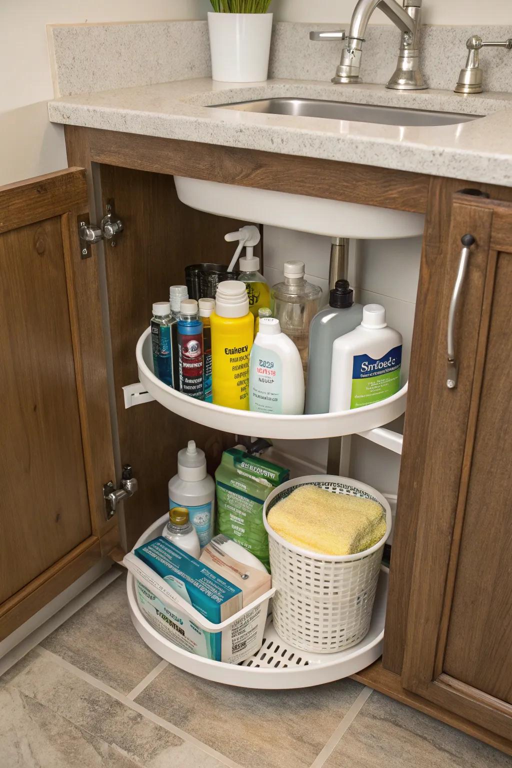 Simplify your cleaning tasks by organizing supplies on a spinning organizer.