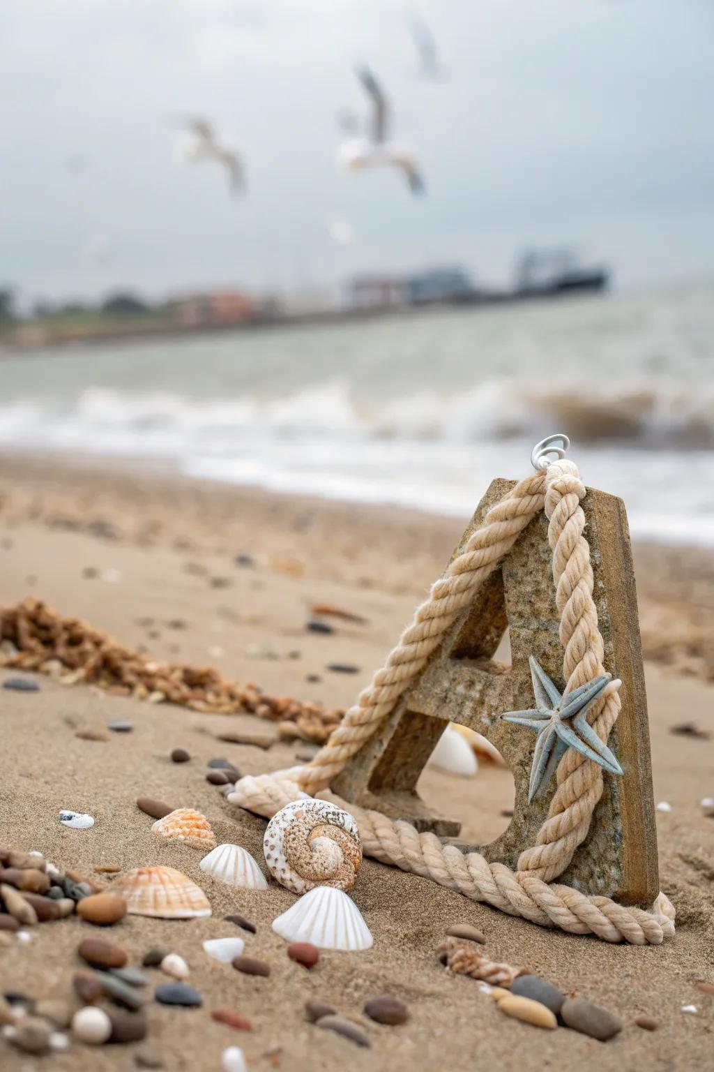 Ocean-inspired letter using ropes and seashells.