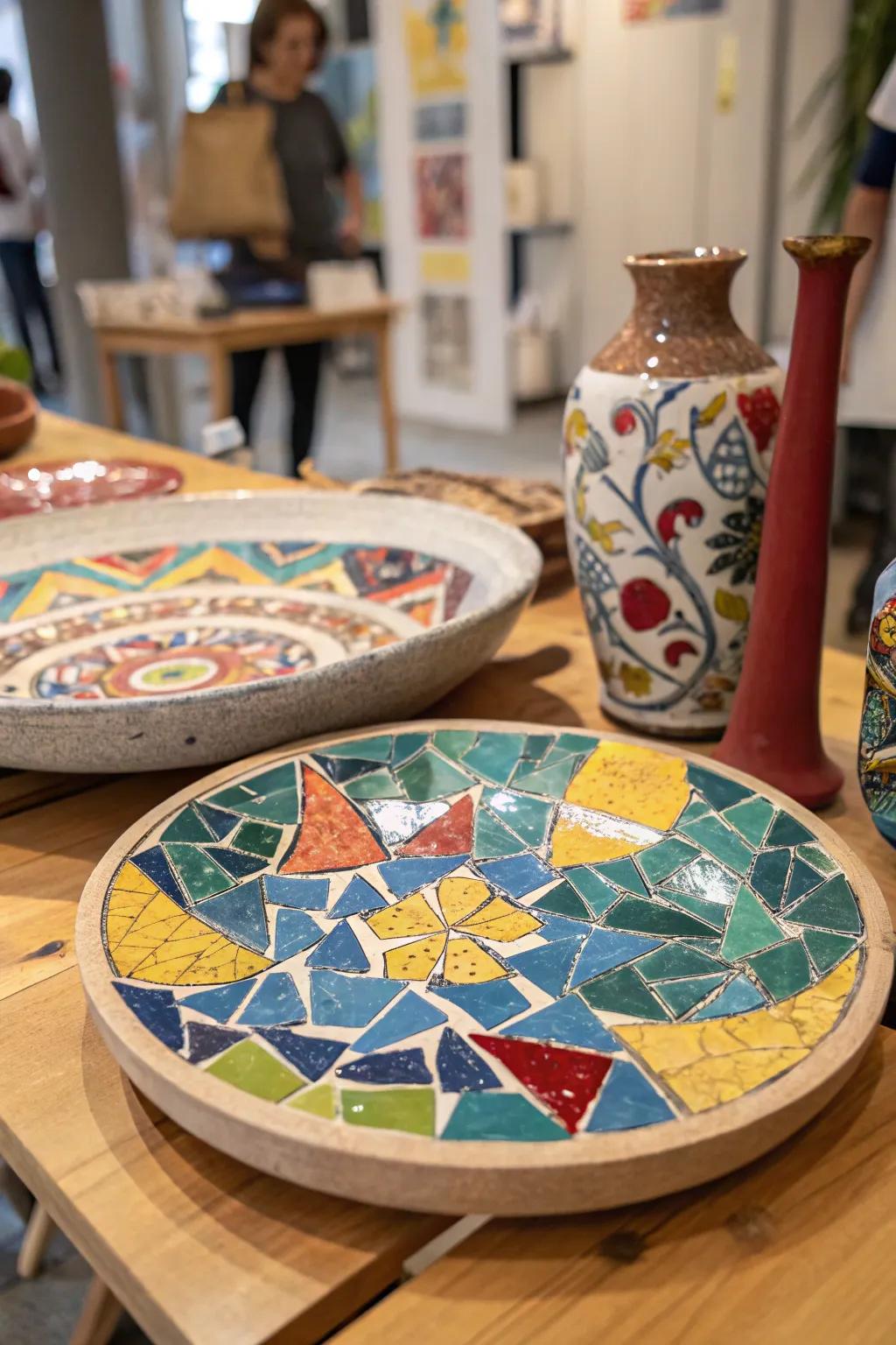 A colorful mosaic art piece made from broken plate shards.