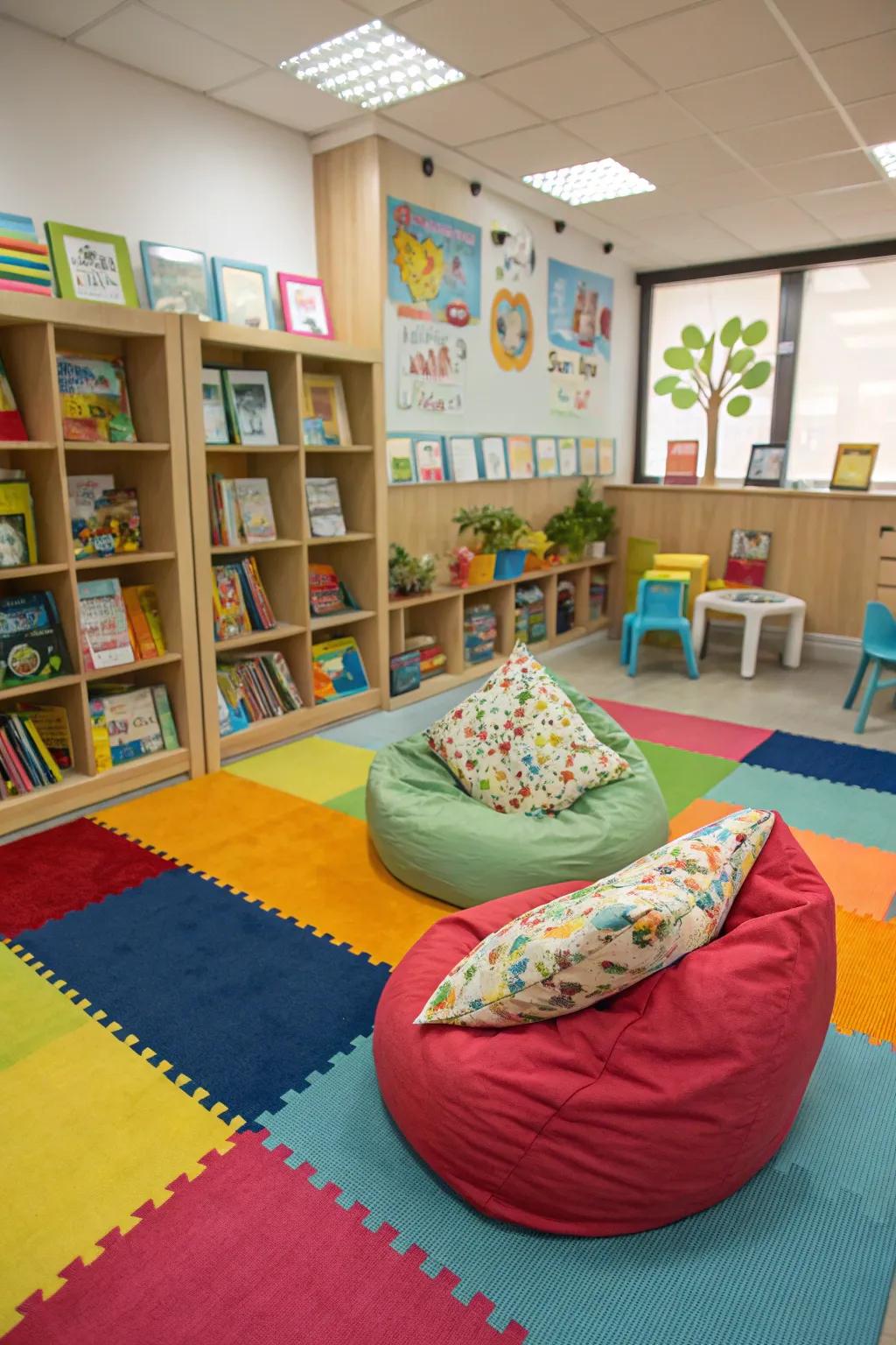 A fun children's reading area with bright, small-scale furniture.