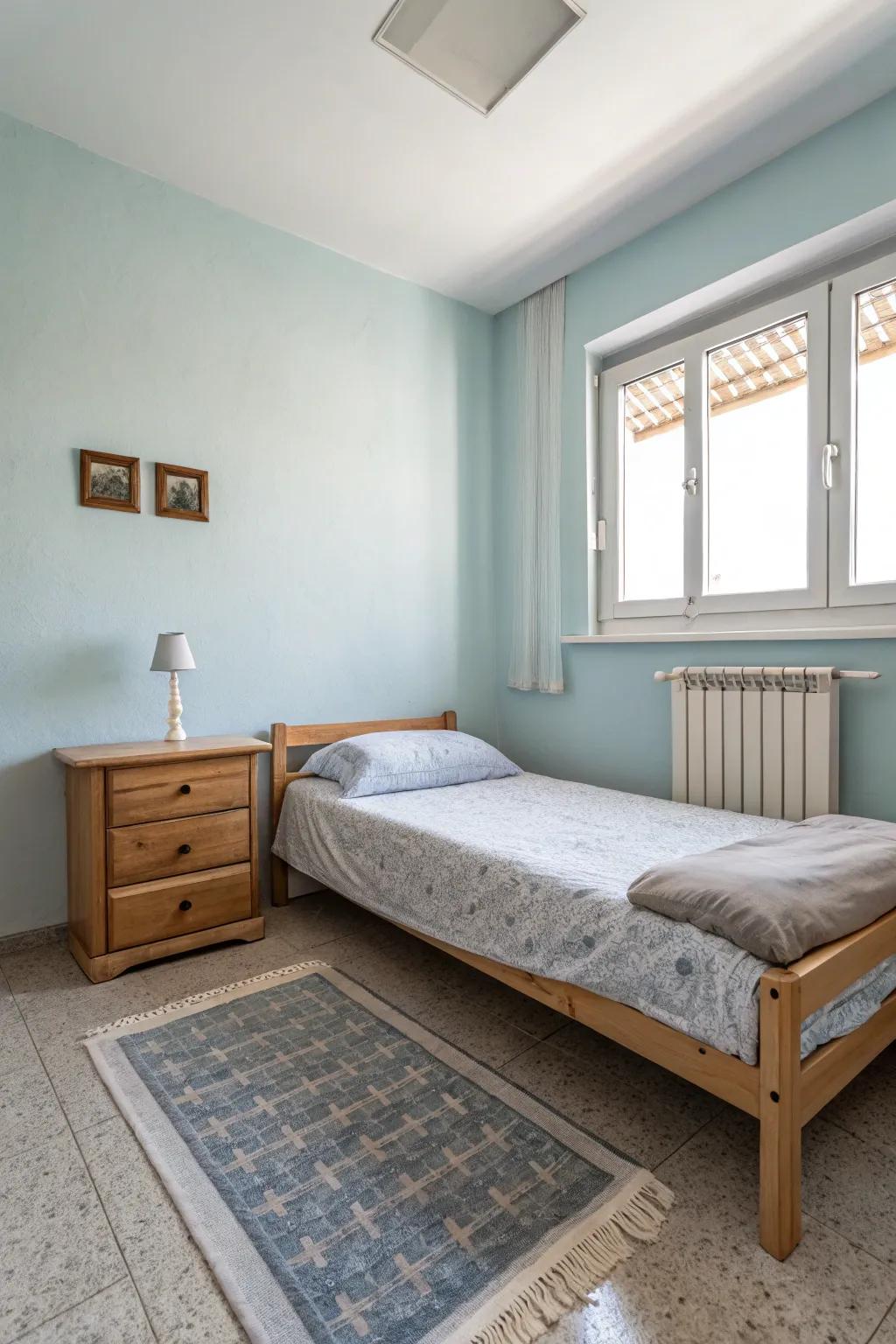 A minimalist bedroom highlighting pale blue walls matched with furniture in neutral shades.