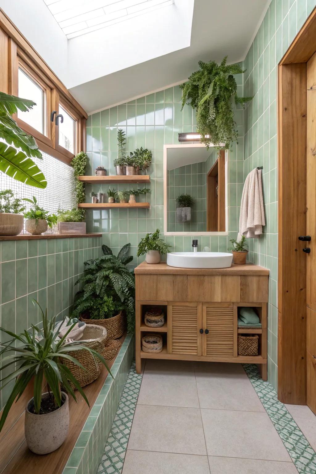 Light green components bring a refreshing and natural touch to the bathroom.