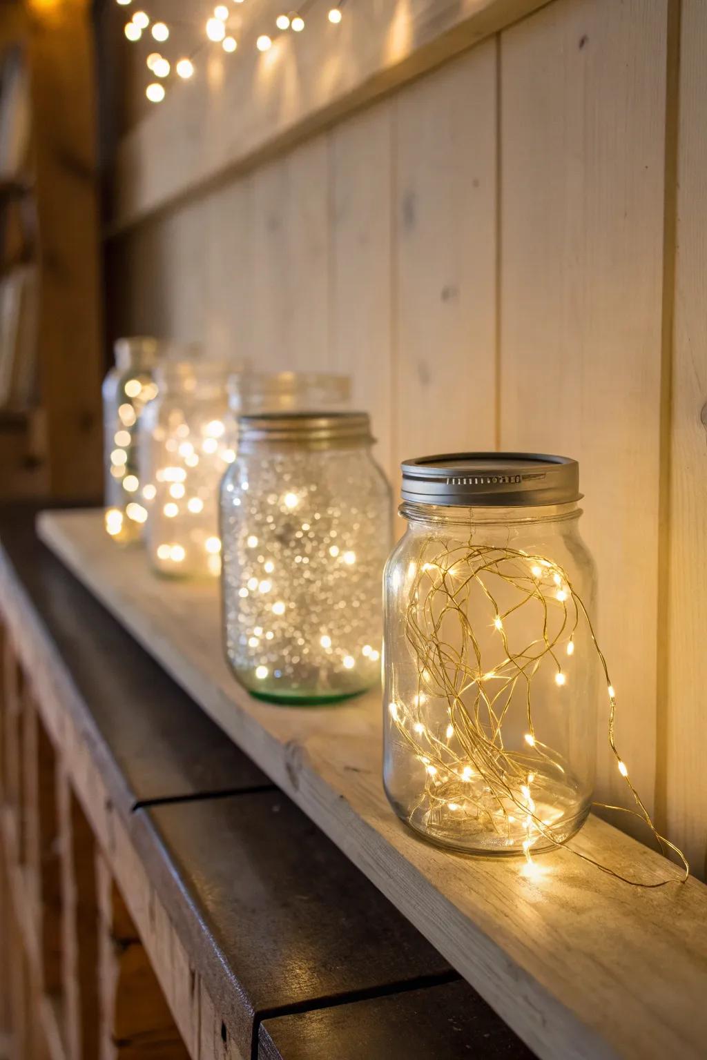 Appealing glass jar lights adding warmth to a space.