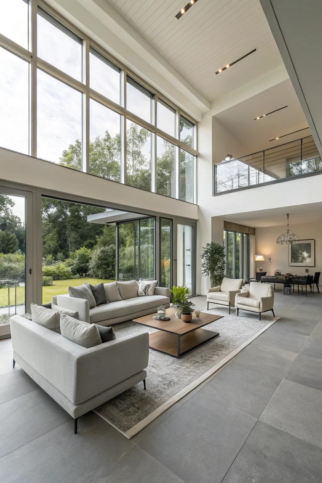 Light gray flooring provides a modern base in this open-plan living area.