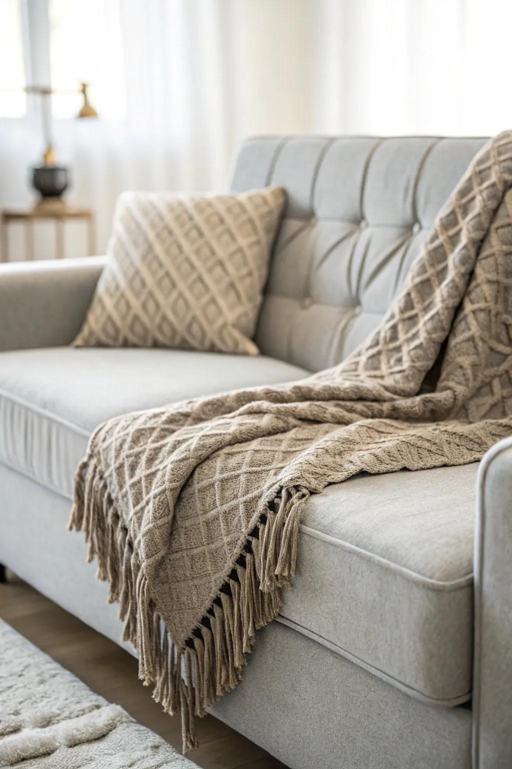 A woven throw enhances the warmth and flair of a pale stone sofa.