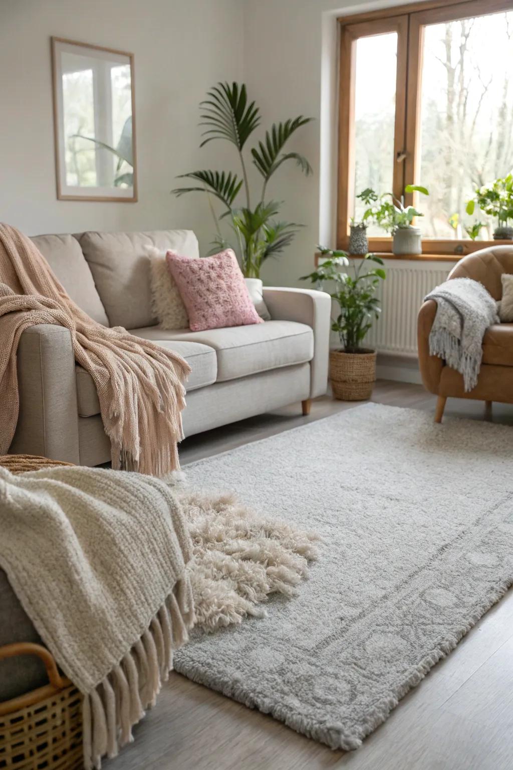 An inviting living area with light grey flooring and soft textures.