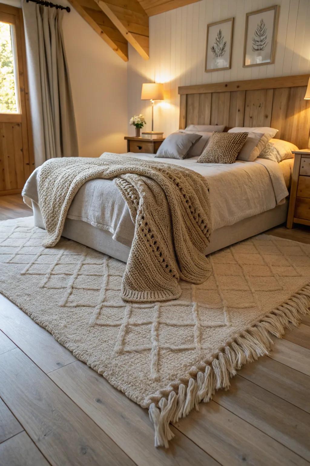 Textural layers improving warmth in a pale timber floor sleeping quarter.